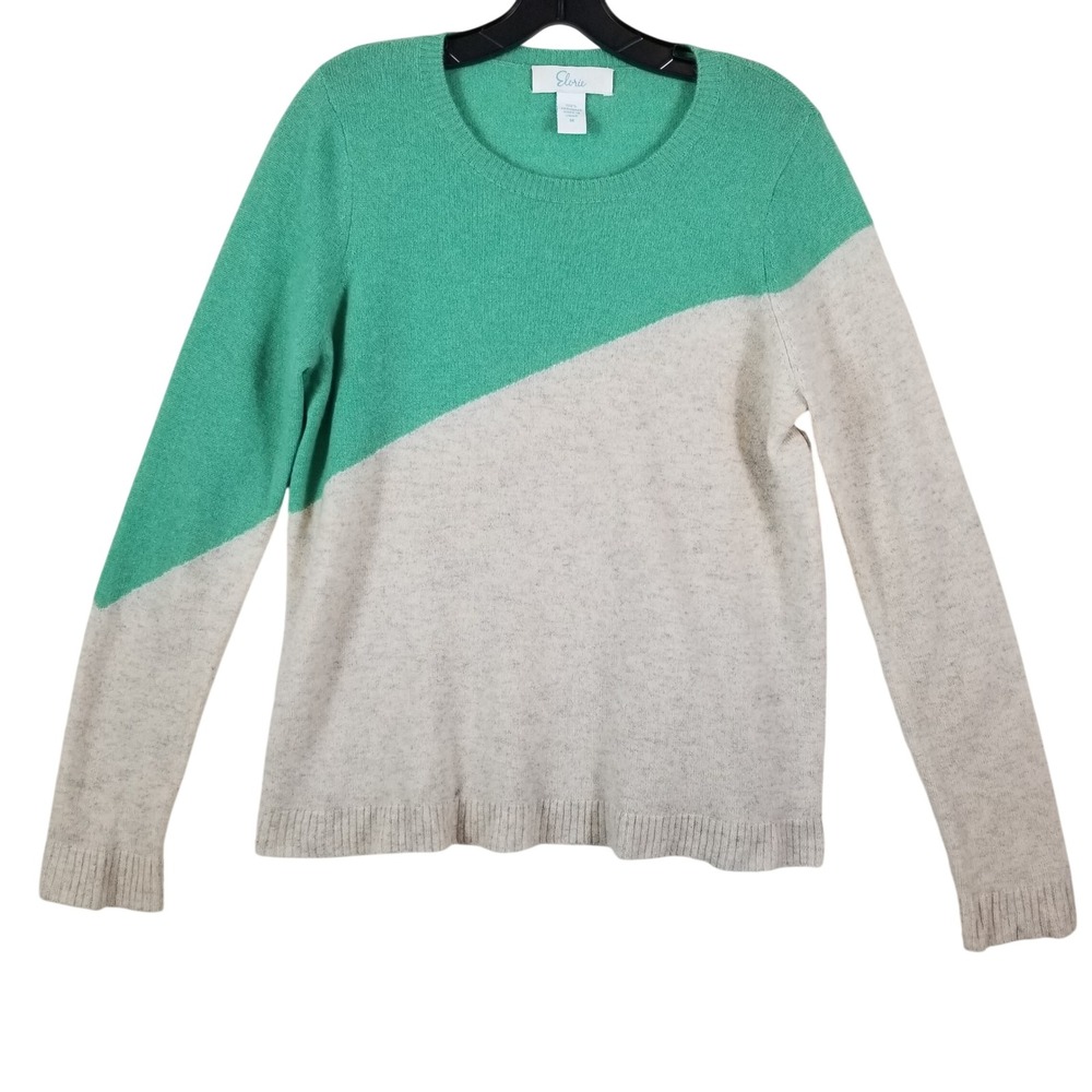 Elvrie Womens 100% Cashmere Colorblock Crewneck Sweater Green Beige Medium